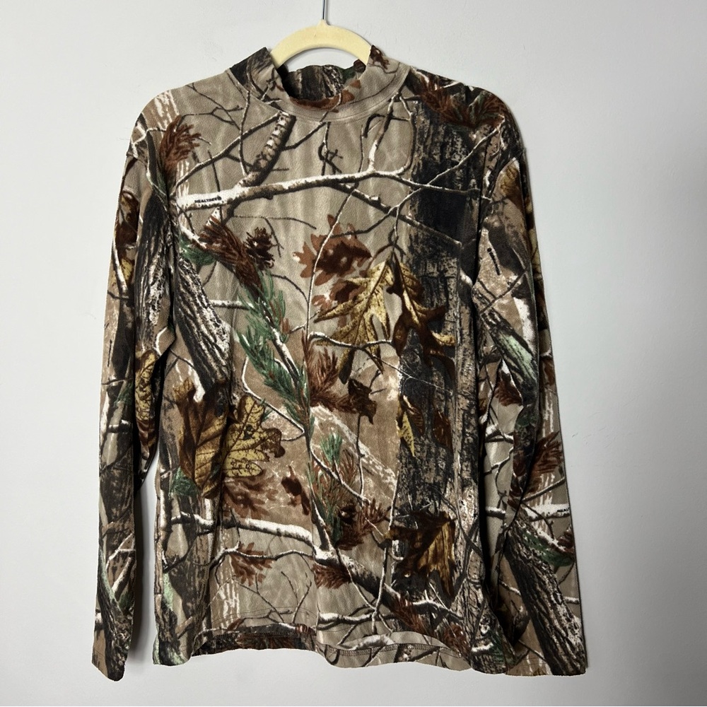 Vintage Field & Stream Camo Camouflage Mock Neck Fleece Pullover Size Medium 695